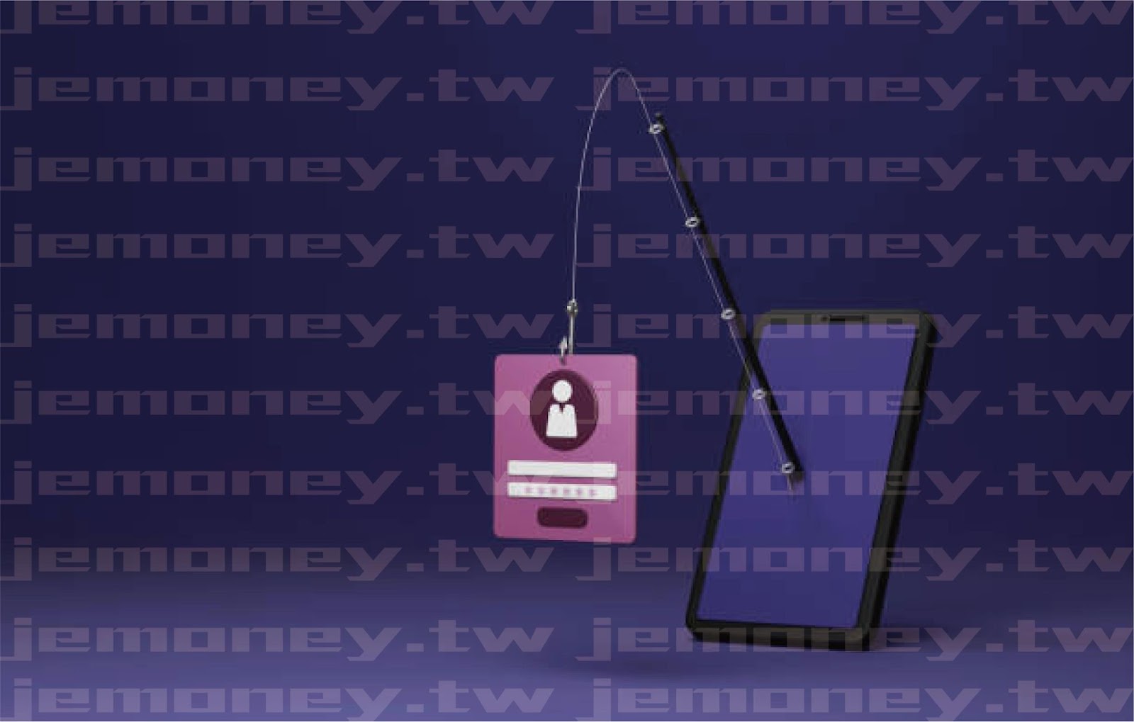「釣魚詐騙概念圖，紫色背景下，釣魚鉤吊起帳號密碼登入卡片，前方為智慧型手機，象徵駭客透過假網站竊取個資。」